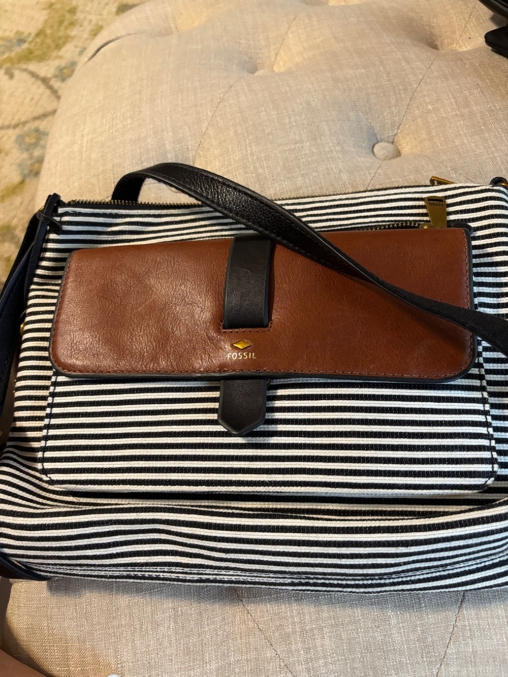 Fossil Black & White Striped Crossbody with Brown Leather Flap and Black Trim